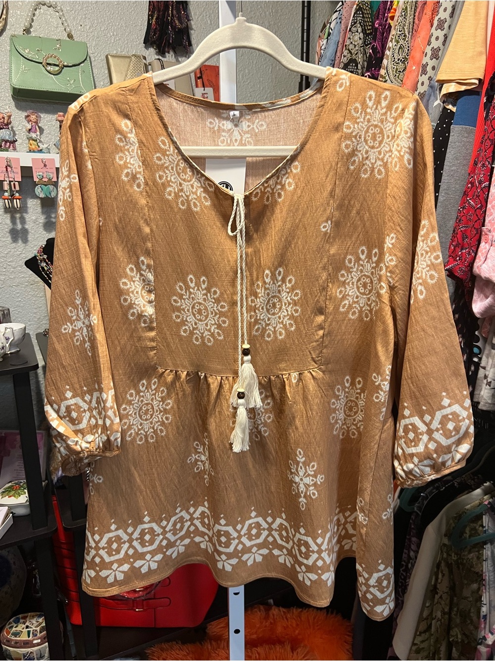 Boho Tassel Peasant Tunic - Mustard with White Print